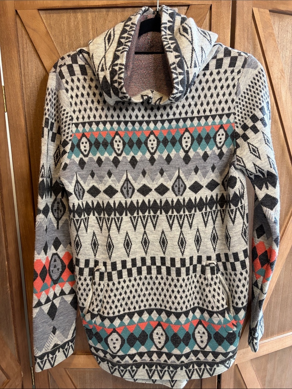 JNBY 100% Wool Aztec Geometric Knit Hooded Sweater 90